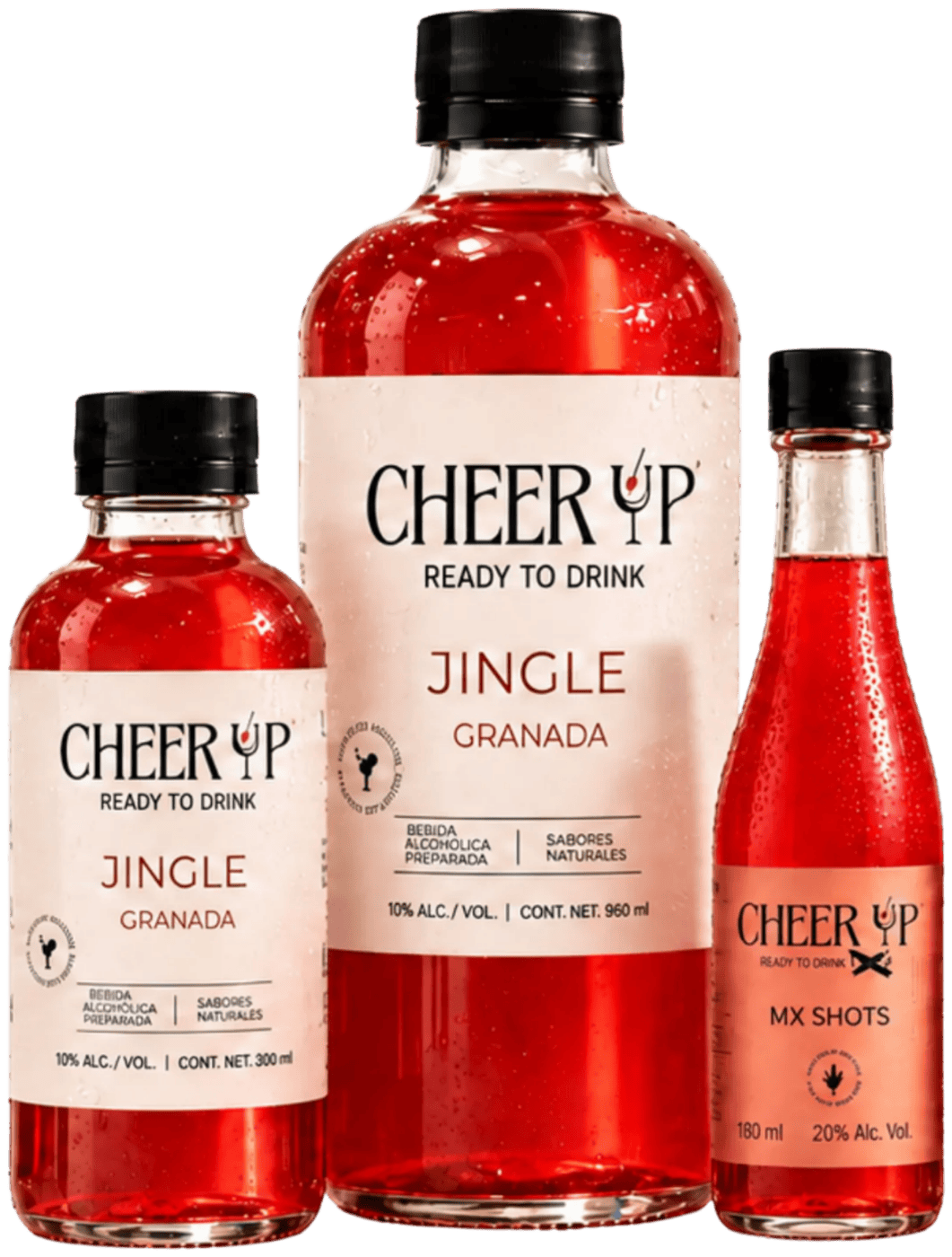 Las tres presentaciones de Cheer Up: 300 ml, 960 ml y Mx Shots
